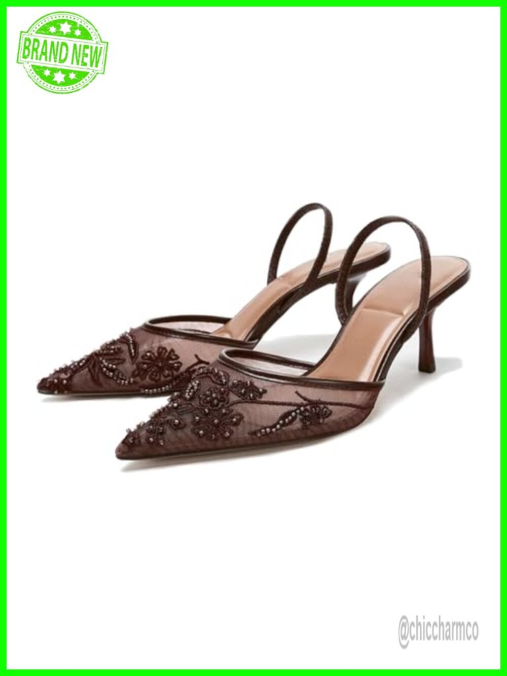 Embroidered Slingback Kitten Heels Pointed Toe Backless Bridal Dress Pumps